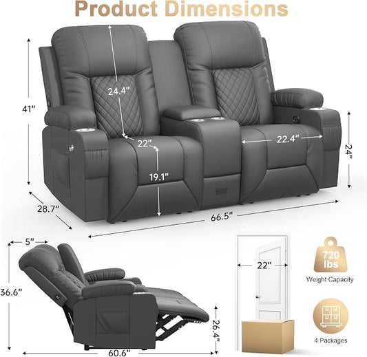 Loveseat Recliner Sofa, Home Theater Seating with Center Console, Reclining Loveseat RV Couch with USB Ports & Phone Holders, Wall Hugger RV Sofa Furniture with Storage & Pocket