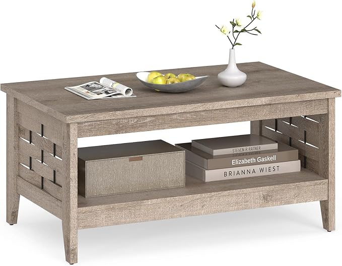 Giantex Farmhouse Coffee Table, 2-Tier Center Table with Storage Open Shelf & Woven Slatted Design, 39.5" Rectangular Accent Cocktail Table, Wood Coffee Tables for Living Room (Rustic Oak)
