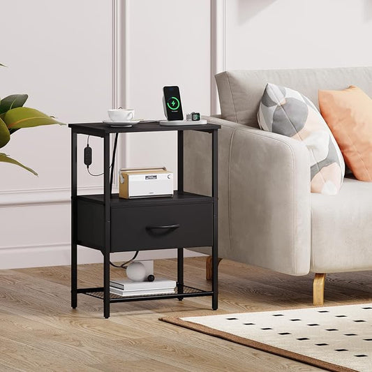 Somdot Nightstand with Charging Station and LED Light for Bedroom, Bedside Table End Table for Dorm Guest Room Bedside Kids Laundry Closet Entryway Hallway, Black