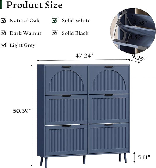 Xixini Shoe Storage Cabinet with 6 Flip Drawers, 50" Tall Narrow Wood Fluted Shoe Organizer for Entryway, Freestanding Wooden Hidden Slim Shoe Rack for Front Door Entrance, Hallway, Foyer, Navy Blue