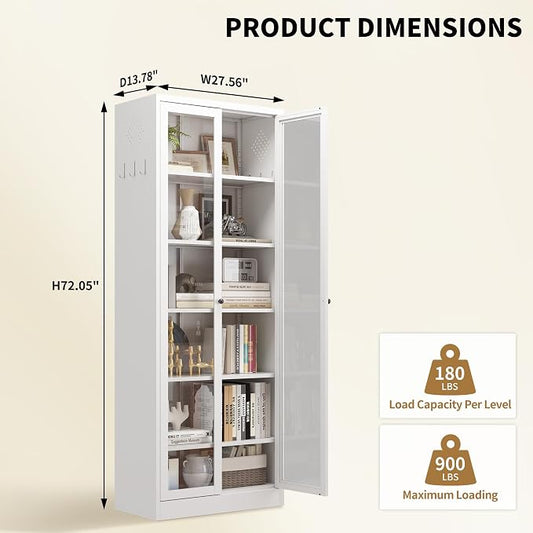 Kitchen Pantry Cabinet, 72" H Storage Cabinet with Glass Doors and Adjustable Shelves, Spacious Cupboard with Round Handles, Metal Kitchen Cabinet for Dining Room, Living Room, White