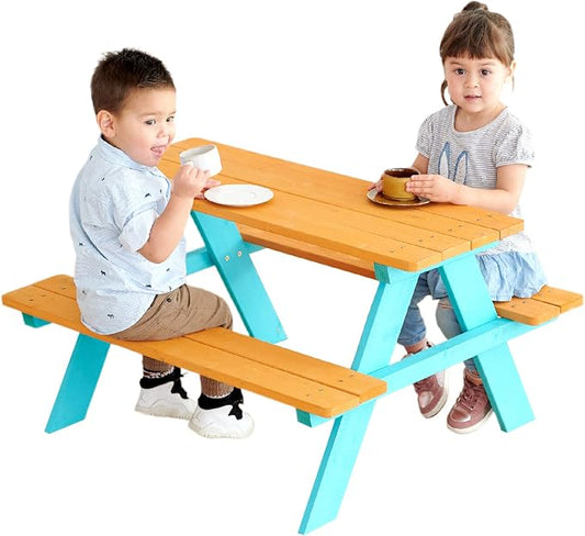 Teamson Kids - Wooden Outdoor Child Children Kids Picnic Table & Chair Bench Set - Brown/Aqua | Weather-Resistant Pine Wood, Seats 4 Children, Ideal for Backyard, Patio, Garden