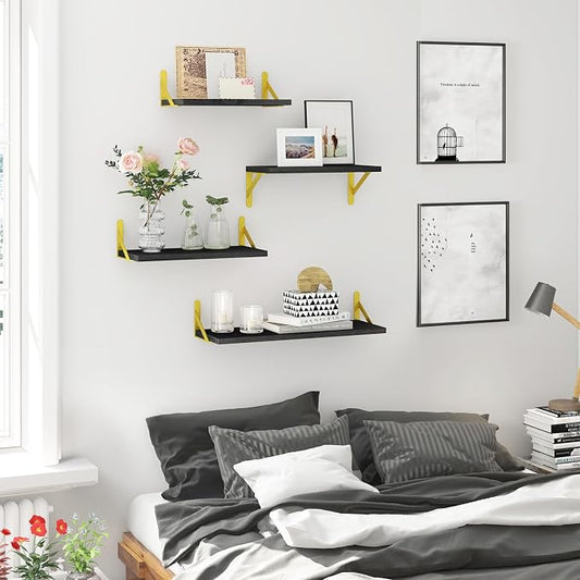 YGEOMER Floating Shelves for Wall, Different Sizes Black Wall Shelves for Living Room, Bathroom, Bedroom, Kitchen, Home Decor (Set of 4)
