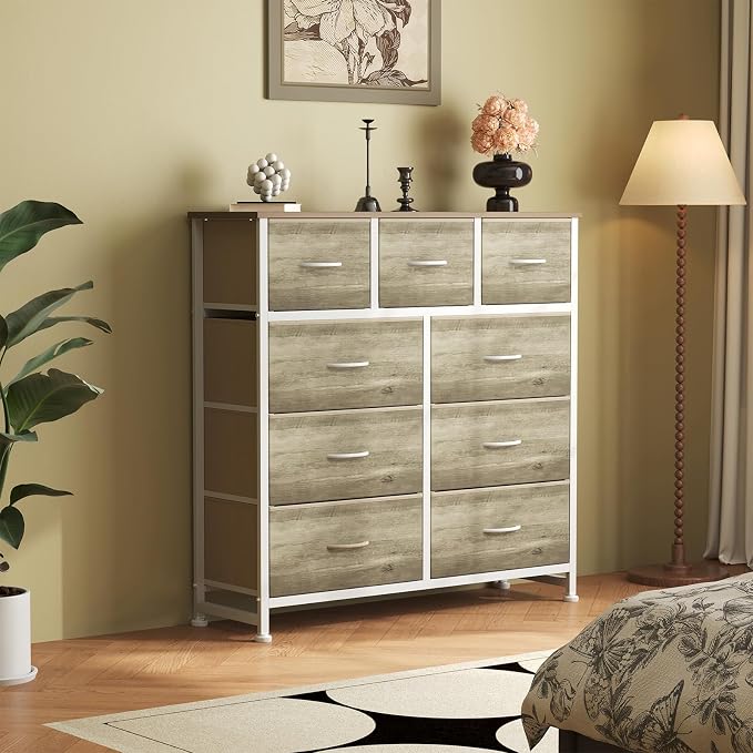 OLIXIS 9 Drawer Storage Dresser with Wood Top - Wide Fabric Chest Organizer for Bedroom, Closet, Living Room,Tower Cabinet, TV Stand, Hallway Entryway Furniture,Oak Greige
