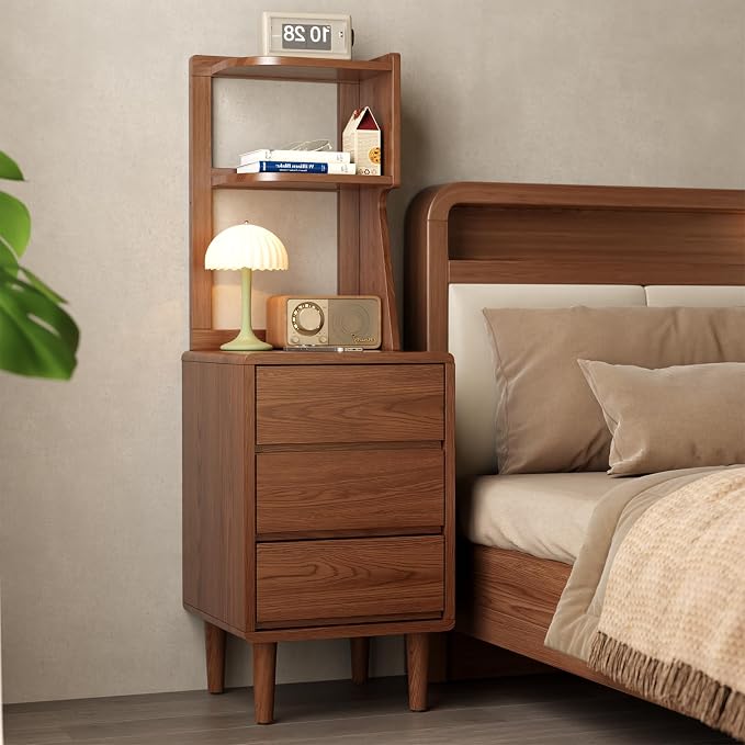 Solid Wood Bookshelf with Drawers,Narrow bookcase with Storage Shelves,Tall Nightstand with Drawers,Mid Century Modern Nightstand,Open Shelf Bookcase,Small Book Shelf for Bedroom,Living Room,Offices