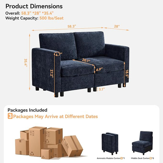 WUTUTUEE 58'' Modular Sectional Loveseat Sofa, Modern Love Seat 2 Seater Sofa Couch with Storage, Chenille Modular Sectional Couch for Living Room, Bedroom, Office, Small Apartment, Navy