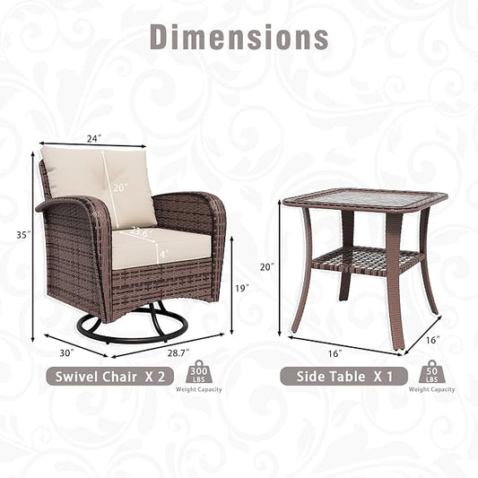 3 Piec Patio Bistro Set with 2 Rocking Chairs & Table, 360° Swivel PE Wicker Outdoor Furniture, Heavy-Duty Steel Frame,Weatherproof Cushions, Beige