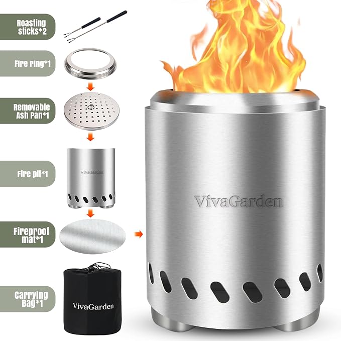 9.7 x 7.1 inch Tabletop FirePit, VivaGarden Portable Fire Pit Outdoor, Wood and Pellets Burning Camping Stove with Carry Bag, Forks, Mat and Pot Stand (Silver)