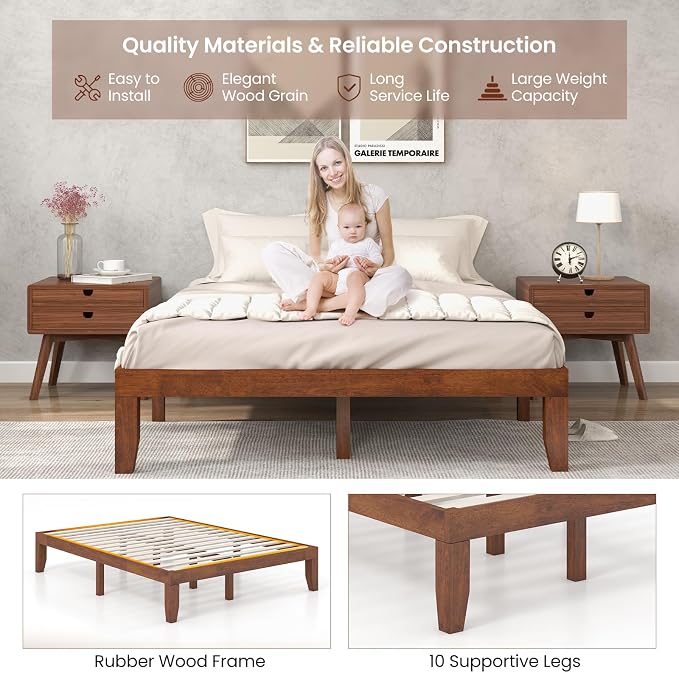 KOMFOTT 14 Inches Wood Platform Bed Frame Queen Size, Wooden Mattress Foundation with Rubber Wood Frame, Strong Wooden Slat Support, No Box Spring Needed, Bed Frame (Brown Cherry)