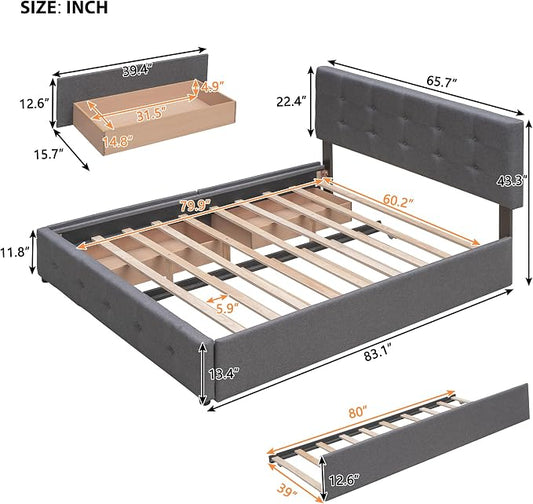 Ball & Cast Queen Bed Frame with 2 Drawers and 1 Twin XL Trundle, Linen Upholstered Platform Bed Frame Queen Size with Button Tufted Headboard & Wood Slats Support,No Box Spring Needed,Dark Gray