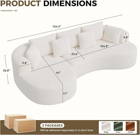 126" Oversized Curved Sectional Sofa for Living Room, Boneless Modern Couch with Chaise, Cloud Couch with 7 Pillows, No Assembly, Beige 1PCS