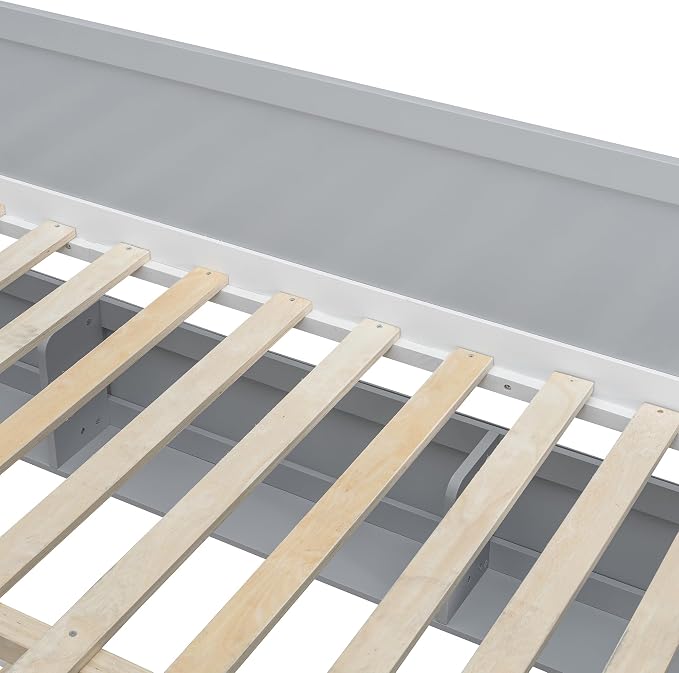Wood Bunk Bed Full XL Over Queen with Staircase and Side Shelves | Light Strip Included, Striped-Design Stairs, Kids Teens Adults, Space-Saving Design, Versatile Bed Frame