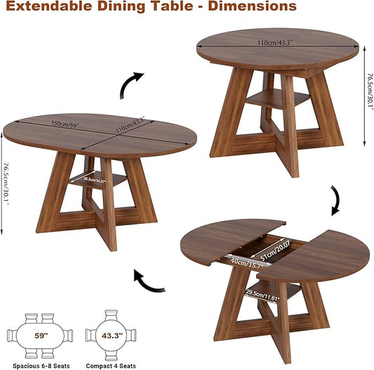 43.3in-59in Extendable Dining Table for 4-6, Round Kitchen Dining Room Table with Removable Leaves Space Saving, Space Saving, Wooden Cross Base with Storage Shelf for Kitchen Living Room (Walnut)