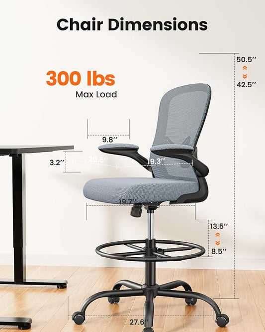 ErGear Drafting Chair,Tall Office Chair with Flip-Up Armrests, High Desk Chair Adjustable Height and Adjustable Footrest Ring, Ergonomic Standing Desk Chair with Lumbar Support, Blue,4 Pack