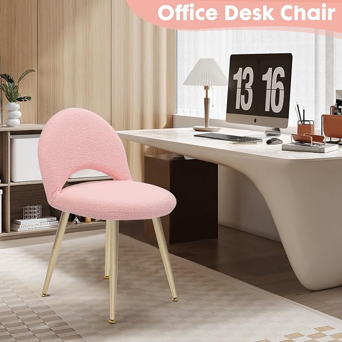 Vanity Chair with Backrest, Boucle Upholstery Armless Makeup Stool, Pink Vanity Stool with Gold Metal Legs for Bedroom Living Room Kitchen Dinning Room (Gold and Pink)