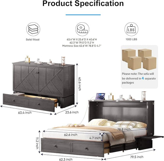PUREMIND Murphy Bed Queen with Mattress Included, Hideaway Wallbed Cabinet Bed with 2 Storage Drawers, USB Charging Ports & Headboard, Space-Saving Chest Beds for Home, Guest Room, Gray