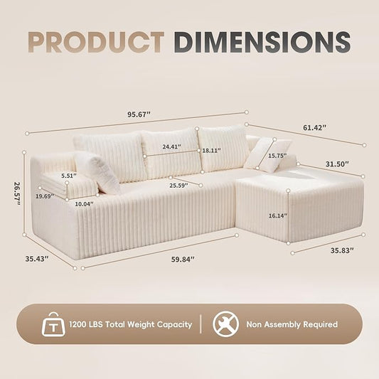 Hobestluk Boneless Couch Modular Sectional SofaL-Shape Cloud Couch Lounge | 96" Right Facing Chaise White,Memory Foam,Removable Cover,Non-slip Bottom,No Assemble Required,Furniture for Small Home