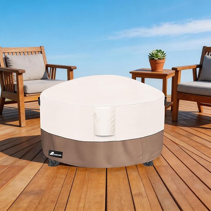 Fire Pit Cover Round 40 Inch Waterproof,Outdoor Heavy Duty Durable 600D Tear-Resistant Fire Pit Table Cover,Patio Round Firepit Cover 40" D x 20" H, Beige