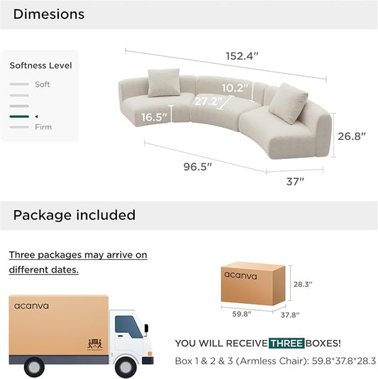 Acanva Formia Boucle Curved Sectional Sofa, 3 Armless Chairs, White | Modular Couch, Modern Minimalist, Wood Frame, For Living Room, Apartment, Home Office