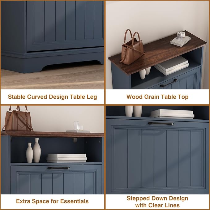 Shoe Storage Cabinet with 2 Flip Drawers, 24" W Farmhouse Modern Hidden Shoes Rack with Adjustable Shelves & Open Storage, Narrow Slim Shoe Organizer for Front Door Entrance, Entryway, Navy Blue