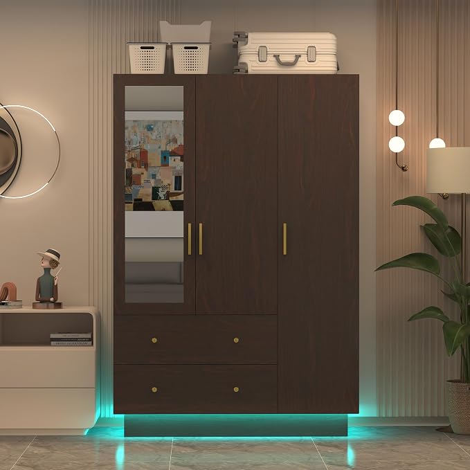 jiteentarou 3 Door Wardrobe Closet with Mirror & LED Lights, Bedroom Armoire with Drawers & Shelves, Farmhouse Wooden Armoire Wardrobe Closet with Hanging Rod for Bedroom, Brown