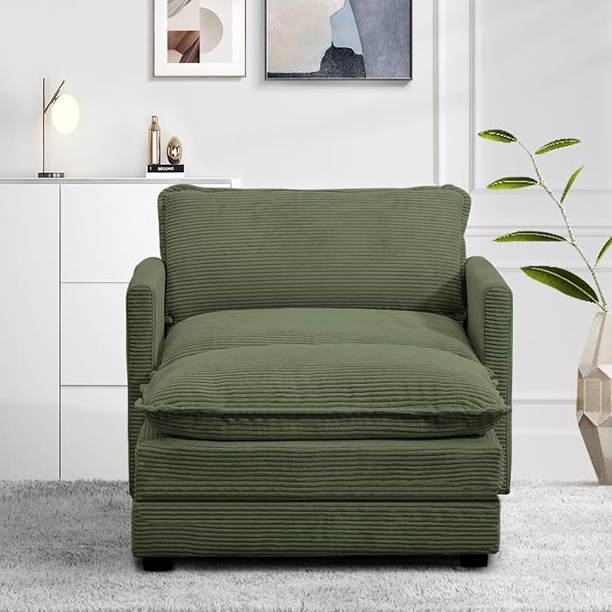 ROWHY Single Armchair with Ottoman, Modern Corduroy Cloud Couch with Convertible Chaise, Upholstered Sofa Set for Living Room, Green