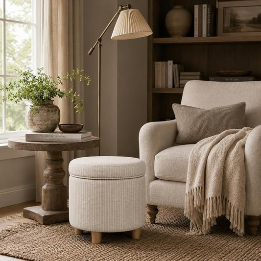 HomePop 19" Round Storage Ottoman - White Woven Stripe