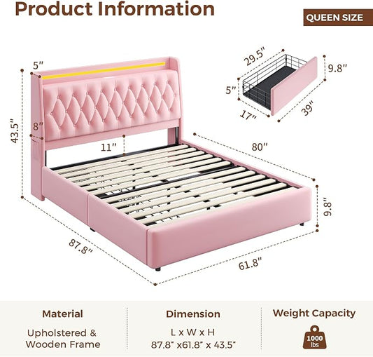 Queen LED Velvet Bed Frame with 2 Storage Drawers&Hidden Headboard, Upholstered Platform Bed with Charging Station&Button Tufted Design, Wooden Slats Support, Box Spring Optional, Easy Assembly, Pink