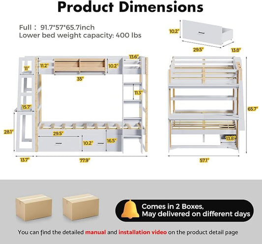 Wooden Full Over Full Bunk Bed with Desk, Convertible Solid Wood Frame with LED Lights, Built-in Outlets, Ladders and Rolling Drawers, Sturdy Wood Bunk Bed High Weight Capacity, Space-Saving