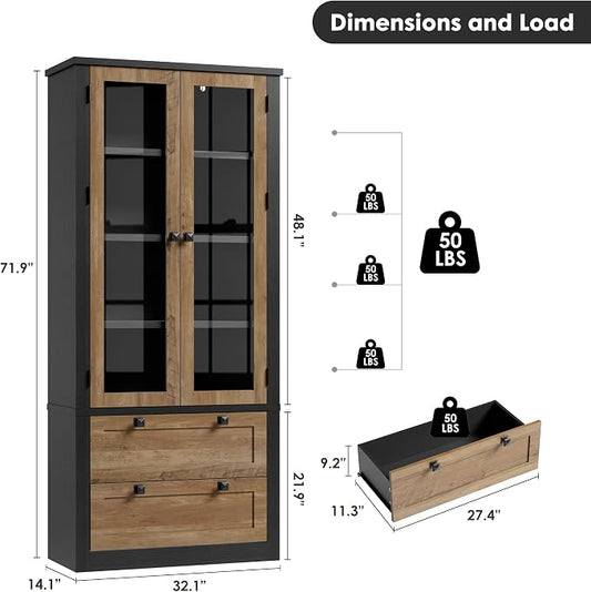 71" Tall Kitchen Pantry Cabinet - Modern Display Storage Cabinet with 2 Large Drawers, Glass Doors, and Adjustable Shelves, Kitchen Cupboard for Dining Room, Bathroom, Living Room, Black + Brown