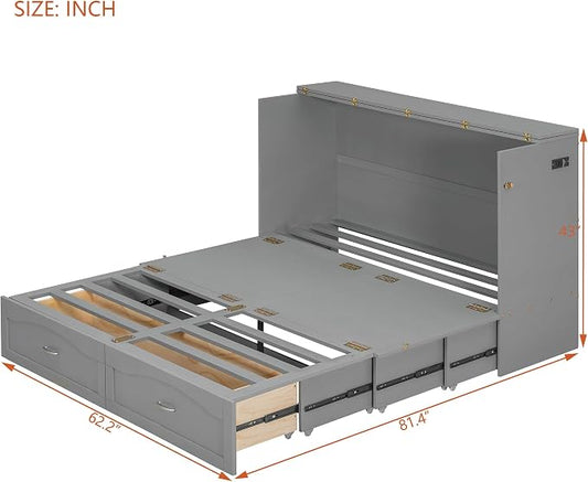 Ball & Cast Wall Bed Queen Size Murphy Beds with Drawer and a Set of Sockets,Multi-Functional Hideaway Cabinet w/USB Ports,Pulley Structure Design,Space Saving for Bedroom,Apartment,Studio,Gray