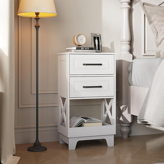 Tall Nightstand Set of 2 Side Table with 2 Drawers Modern Night Stand Wooden End Table Bedside Table with Below Open Shelf Solid Feet for Bedroom White