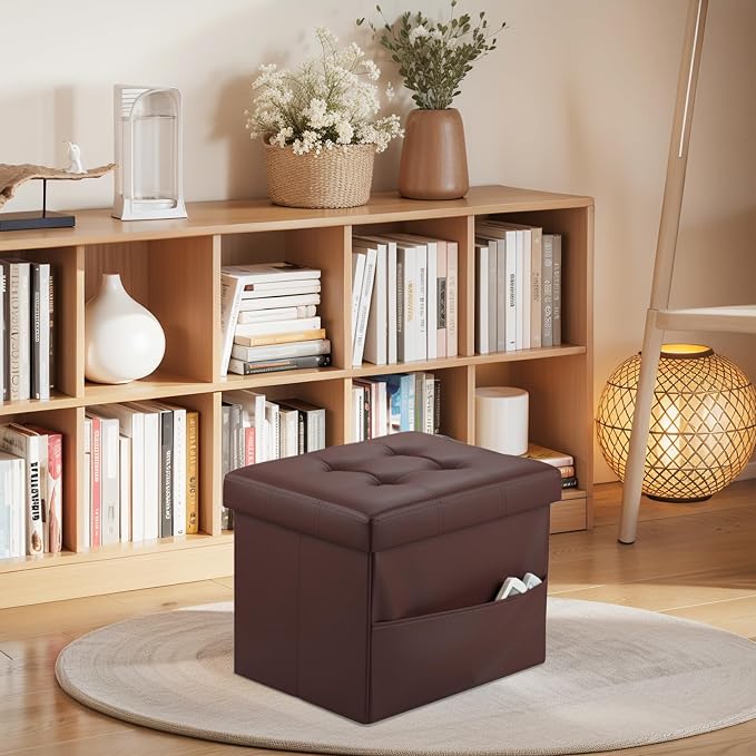 Bsketa Storage Ottoman Foot Rest Stool, Small Leather Storage Ottomans Bench, Folding Footstool with Side Pockets, Foot Rest Under Desk for Living Room Bedroom, 17x13x13 in, Brown