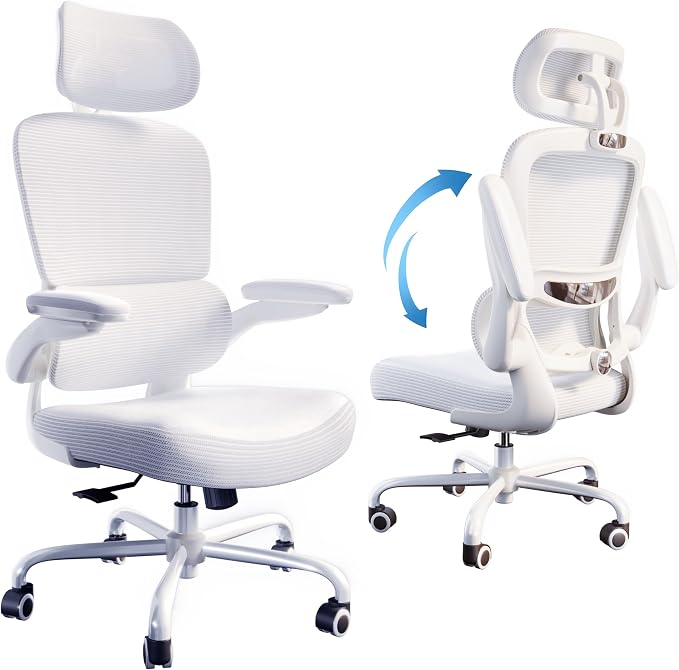 TRALT Ergonomic Office Chair - Desk Chair with Adjustable Headrest Lumbar Support Computer Chair - Mesh Comfy Chair with Flip-up Armrests - Gaming Chairs for Adults Home Office (Leather, White)