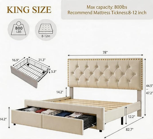 GarveeHome King Size Bed Frame with Storage Drawers — Velvet Upholstered Platform Bed with Vintage Headboard, Wooden Slat Support, Noise-Free, No Box Spring Needed, Beige