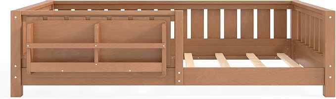 Bellemave Twin Size Floor Bed with high Rails and with Built-in Bookshelf for Kids, Wood Montessori Floor Bed Without Door, Natural