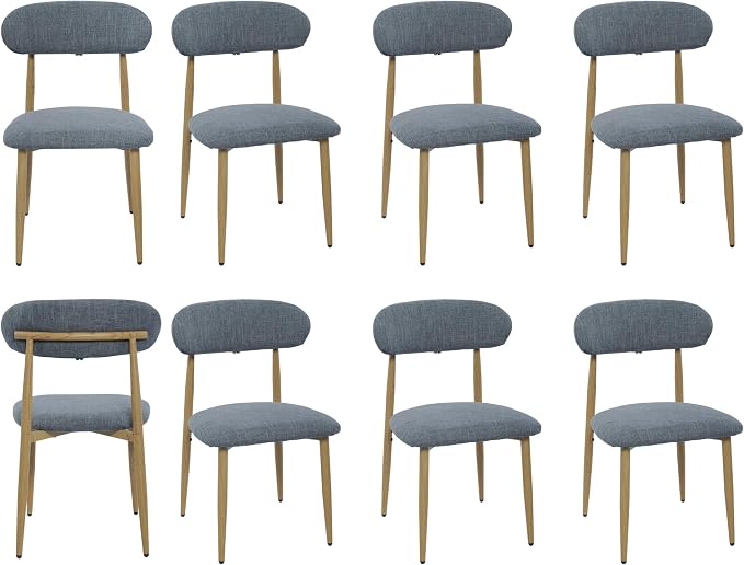 FREKEN Modern Upholstered Dining Chairs Set of 8, Mid-Century Metal Frame with Wood Grain, Linen Fabric Side Chair for Kitchen Dining Room, 350lbs Capacity, Grey