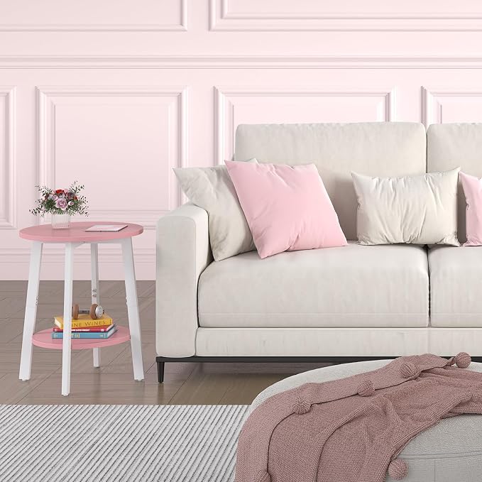 sthmec Side Table, Small Round End Table with Storage Shelf for Small Space, 2-Tier Bedside Table Sofa Couch Table, Round Accent Table Nighstands for Living Room, Bedroom, Pink