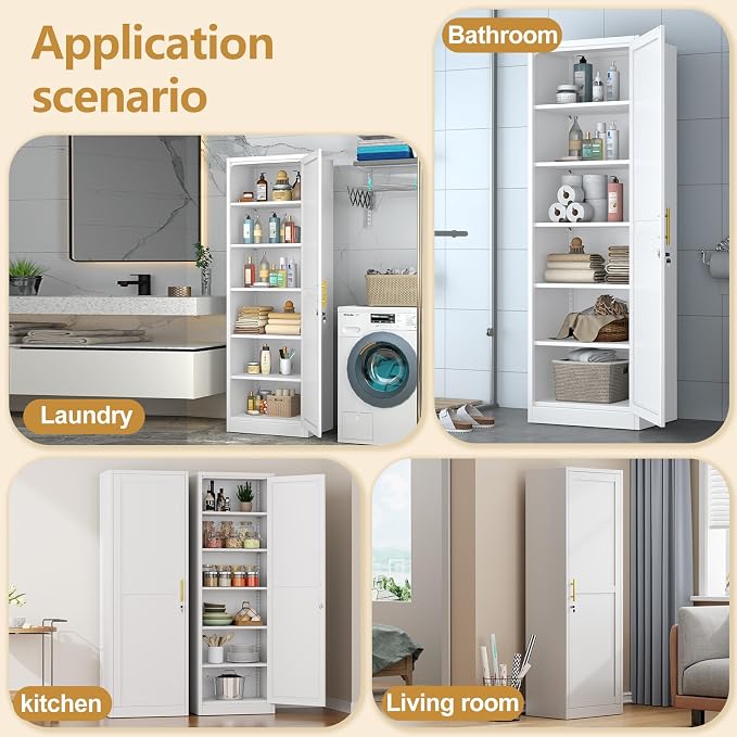 Tall Narrow Slim Metal Storage Cabinet with Lock and 5 Adjustable Shelves,Steel File Cabinets,Kitchen Pantry Cabinet Locker Organizer - 67" Storage Cabinets Bathroom,Bedroom,Office,White