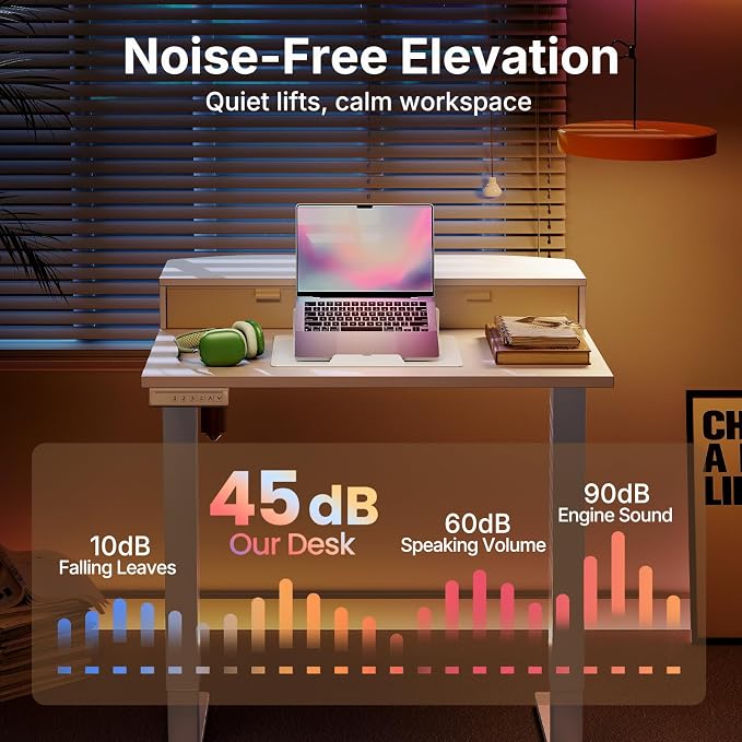 HUANUO 32" X 21" Electric Standing Desk with 2 Drawers, C-Clamp Mount Compatible, Height Adjustable Computer Desk, Home Office Stand Up Desk with 4 Preset Heights & 2 Hooks, White