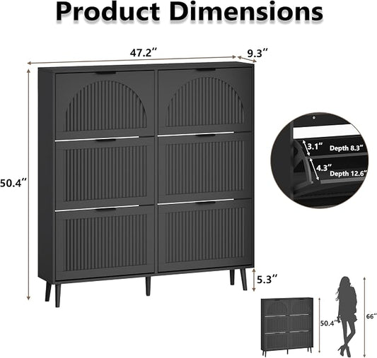 BORNOON Shoe Cabinet for Entryway with 6 Flip Drawers, Slim Wooden Shoe Storage Organizer with Modern Fluted Pannel,Freestanding Narrow Hidden Shoe Rack for Hallway, Foyer, Living Room