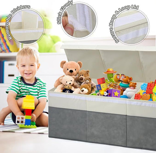 FIIOEOY Extra Large Toy Box with Lids, Collapsible Toy Storage Organizer with Divider for Kids, Sturdy Toy Chest for Bedroom, Nursery, Living Room, Playroom, 40"x14"x16", Gray & White