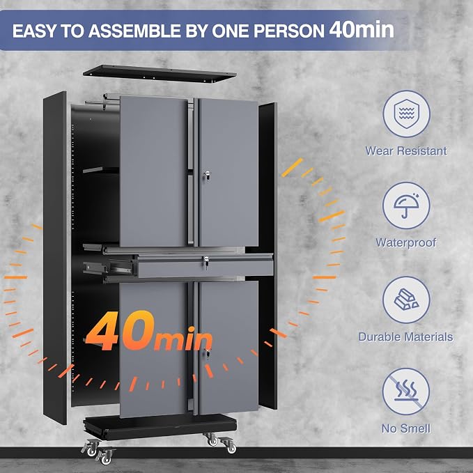 73" Metal Garage Storage Cabinet with Wheels, Rolling Tool Storage with Locking Doors, Adjustable Shelves and Drawer, Heavy Duty Steel Tool Cabinet for Garage, Warehouse, School(Black Grey)