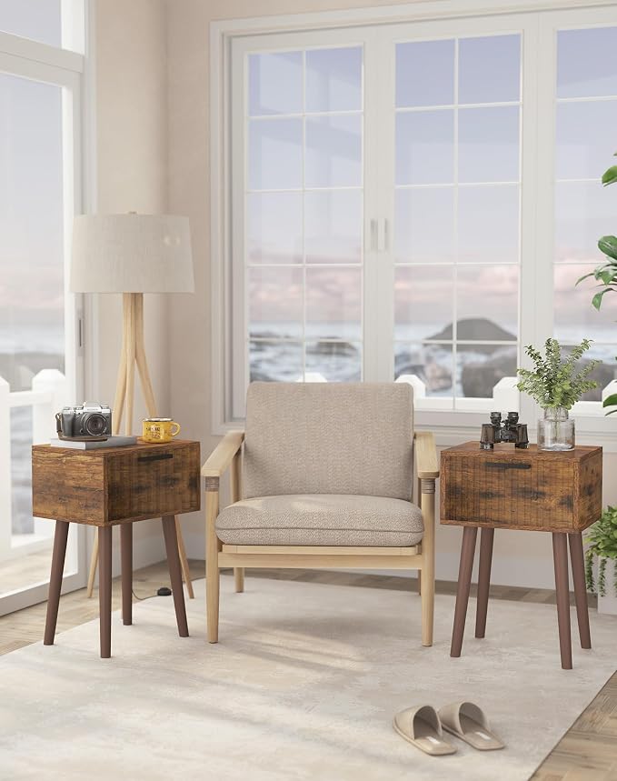 YMYNY Fluted Nightstand Set of 2, Small End Table, Modern Coffee Table with Drawer, Solid Wood Legs, Retaining Chain, 13.8" x 10.6" x 20.9", for Bedroom and Small Spaces, Rustic Brown UHST014H-2