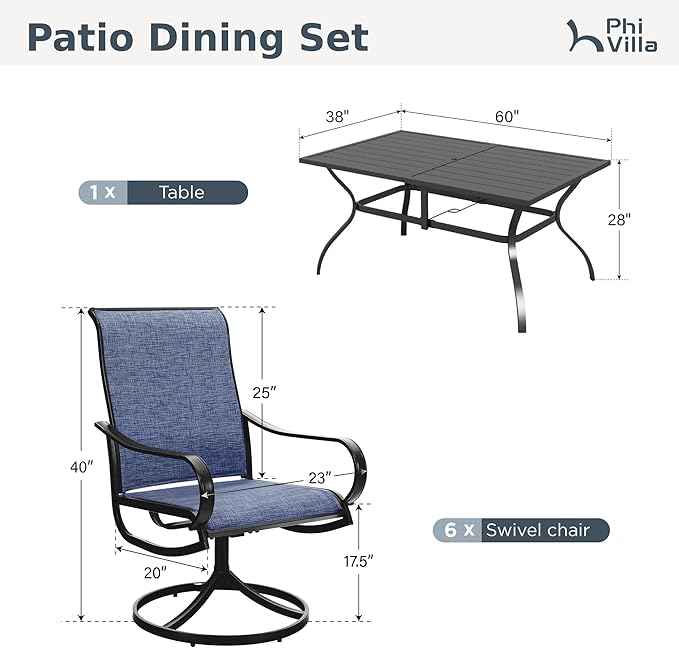 PHI VILLA 7 Piece Outdoor Patio Dining Set, Large Metal Table (1.57'' Umbrella Hole) and 6 Swivel Dining Chairs with Textilene Mesh Fabric, All Weather Patio Furniture Set for Deck Lawn Garden (Blue)