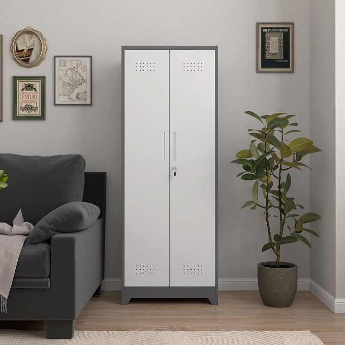 65" H Metal Garage Storage Cabinets with Doors and Shelves, Locking Cabinet, Broom Closet Storage Cabinets with Hanging Rod, Functional Tool Cabinet for Home, Garage, Kitchen