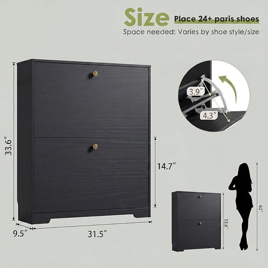 Nicetree Shoe Cabinet with 2 Flip Drawers, Narrow Shoe Organizer Cabinet, Freestanding Shoe Rack Cabinet, Modern Shoe Storage Cabinet for Entryway, Hallway, Foyer, Black