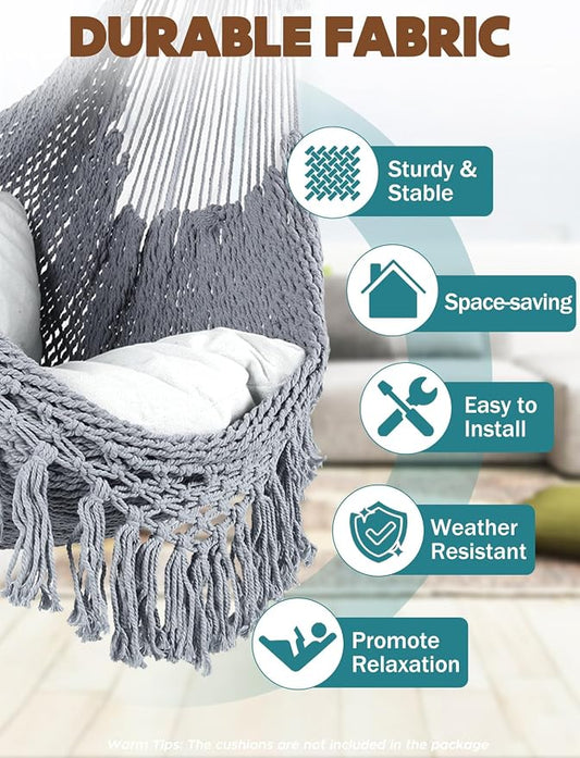 Chihee Hammock Chair Handmade Hanging Chair Cotton Rope Woven Hanging Seat Soft-Spun Large Stretch Hammock Swing, Collapsible Strong Metal Spreader Bar Elegant Macrame Comfort Indoor Outdoor Garden
