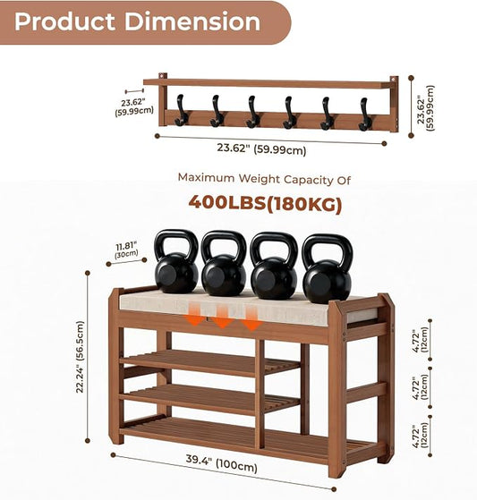 39.4" Bamboo Shoe Bench with Cushion, 6 Hooks Coat Rack, 3-Tier Adjustable Storage Bench for Entryway, Heavy Duty Shoe Rack Organizer with Removable Soft Cushion for Living Room Bedroom Hallway