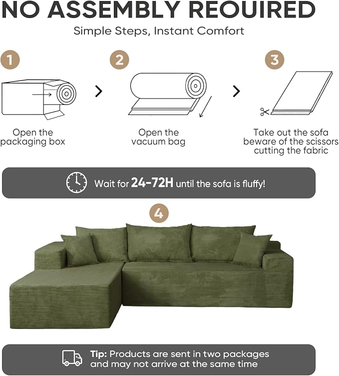 Boneless Couch, 102.4" Sectional Couches for Living Room with L Shape Sofa | Cloud Couch Sectional with Chaise, Modular Cloud Sofa with Deep Seat, No Assembly, Green, Corduroy, Left Chaise